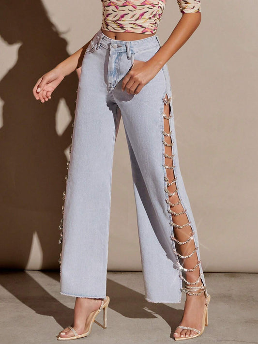 Haute Fall Women Clothes, Blue Sexy Loose Fit Light Wash Denim Split Side Rhinestone Gem Link, Wide-Leg Jeans