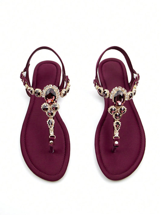 Women Rhinestone Decor Ankle Strap Thong Sandals