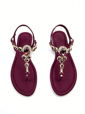 Women Rhinestone Decor Ankle Strap Thong Sandals