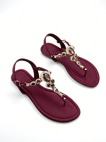 Women Rhinestone Decor Ankle Strap Thong Sandals
