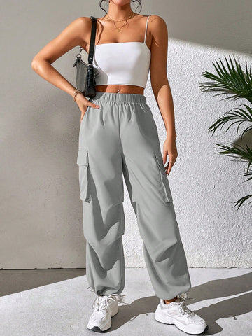 PETITE Elastic Waist Flap Pocket Side Cargo Pants