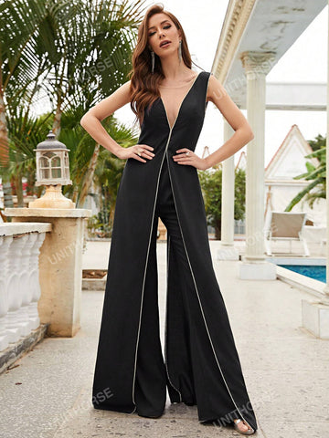 Sleeveless V-Neck Rhinestone Decorated Edge Jumpsuit