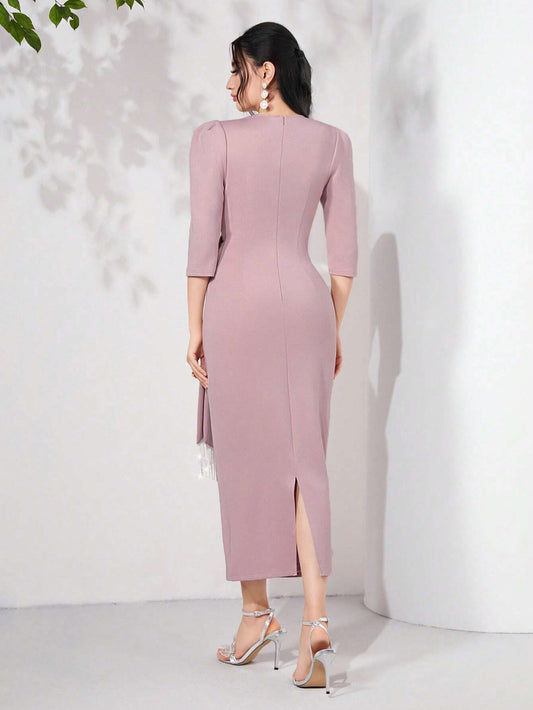 Modely Puff Sleeve Draped Side Wrap Hem Dress Long Evening Dresses