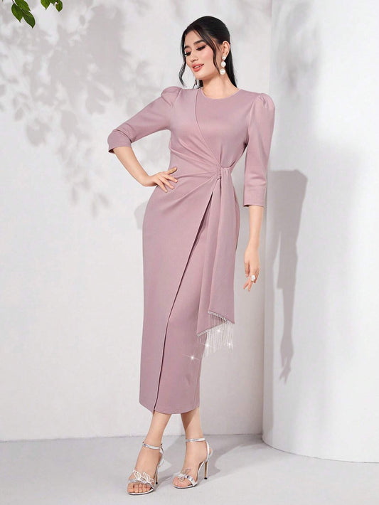Modely Puff Sleeve Draped Side Wrap Hem Dress Long Evening Dresses