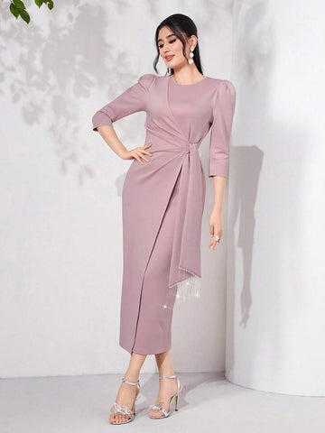 Modely Puff Sleeve Draped Side Wrap Hem Dress Long Evening Dresses