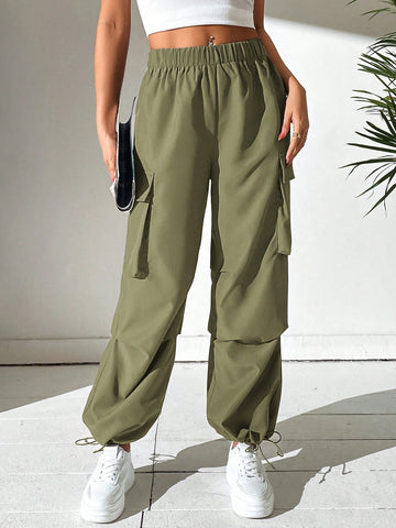 PETITE Elastic Waist Flap Pocket Side Cargo Pants