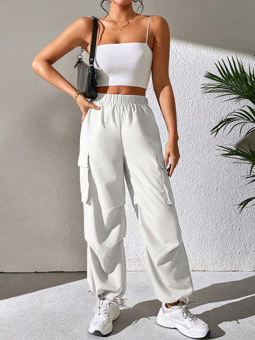 PETITE Elastic Waist Flap Pocket Side Cargo Pants