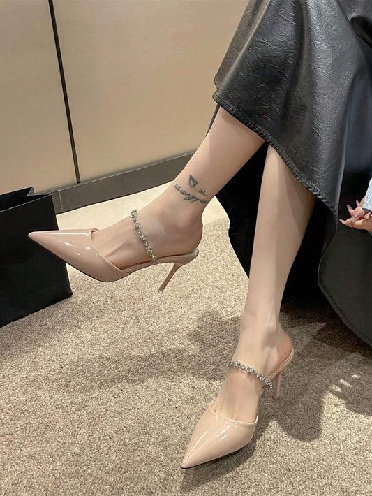 Women Rhinestone Decor Point Toe Stiletto Heeled Mule Pumps