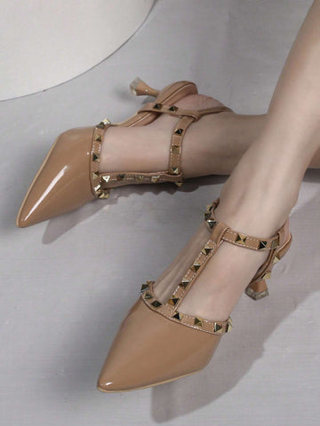 Women Studded Decor Point Toe Pyramid Heeled Slingback Pumps