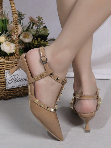 Women Studded Decor Point Toe Pyramid Heeled Slingback Pumps