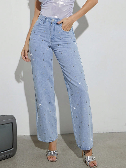 Women Clothes, Blue Wide-Leg '90s Jeans With Rhinestone, Denim