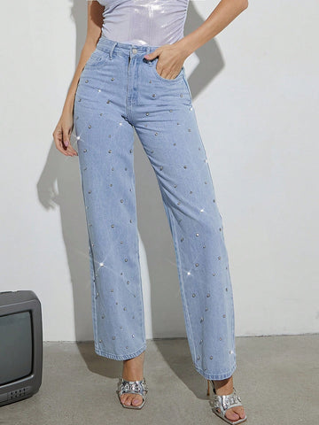 Women Clothes, Blue Wide-Leg '90s Jeans With Rhinestone, Denim