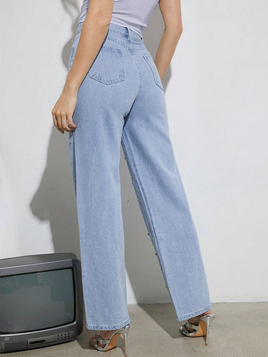 Women Clothes, Blue Wide-Leg '90s Jeans With Rhinestone, Denim