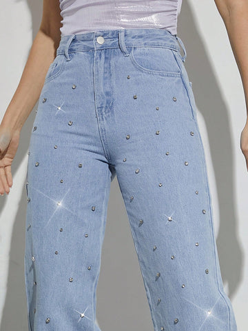 Women Clothes, Blue Wide-Leg '90s Jeans With Rhinestone, Denim