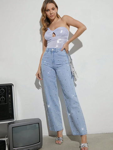 Women Clothes, Blue Wide-Leg '90s Jeans With Rhinestone, Denim