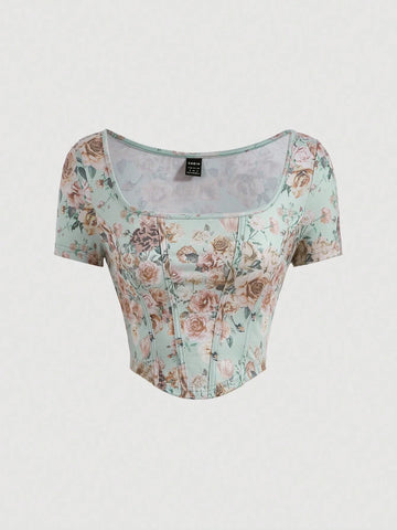 MOD Floral Print Curved Hem Crop Corset Structure Tee