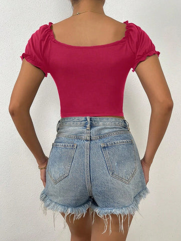 Rafferiza Sweetheart Neck Ruched Frill Trim Puff Sleeve Crop Tee