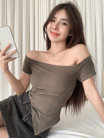 DAZY Women Asymmetrical Shoulder Short Sleeve Slim Fit T-Shirt
