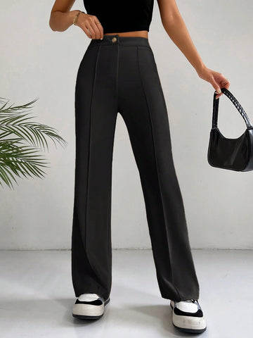 EZwear Classical Apricot High Waist Seam Detail Straight Leg Pants