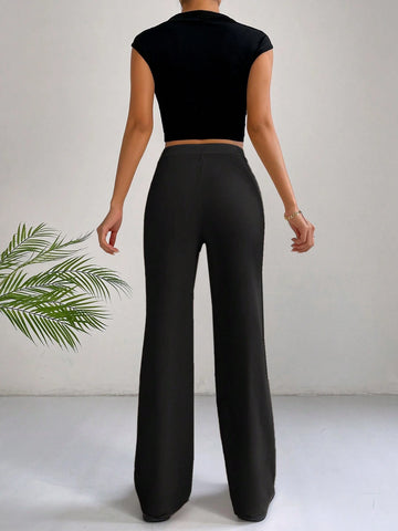 EZwear Classical Apricot High Waist Seam Detail Straight Leg Pants