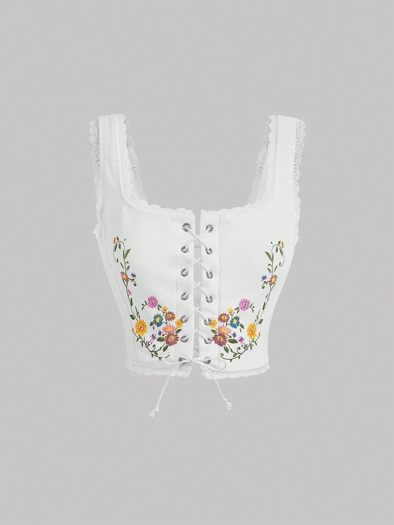 MOD Floral Print Lace Up Front Tank Top