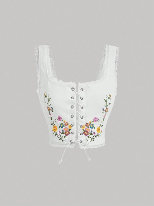 MOD Floral Print Lace Up Front Tank Top