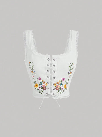 MOD Floral Print Lace Up Front Tank Top