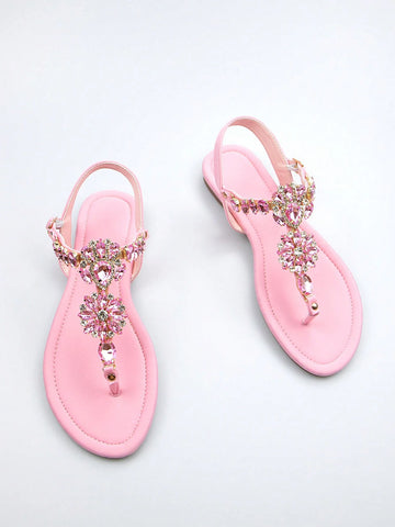 Women Rhinestone Decor Ankle Strap Thong Sandals