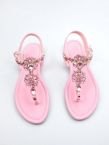 Women Rhinestone Decor Ankle Strap Thong Sandals