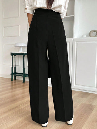 Solid Color Pleated Straight Leg Business Casual Pants