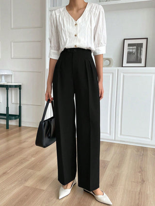 Solid Color Pleated Straight Leg Business Casual Pants