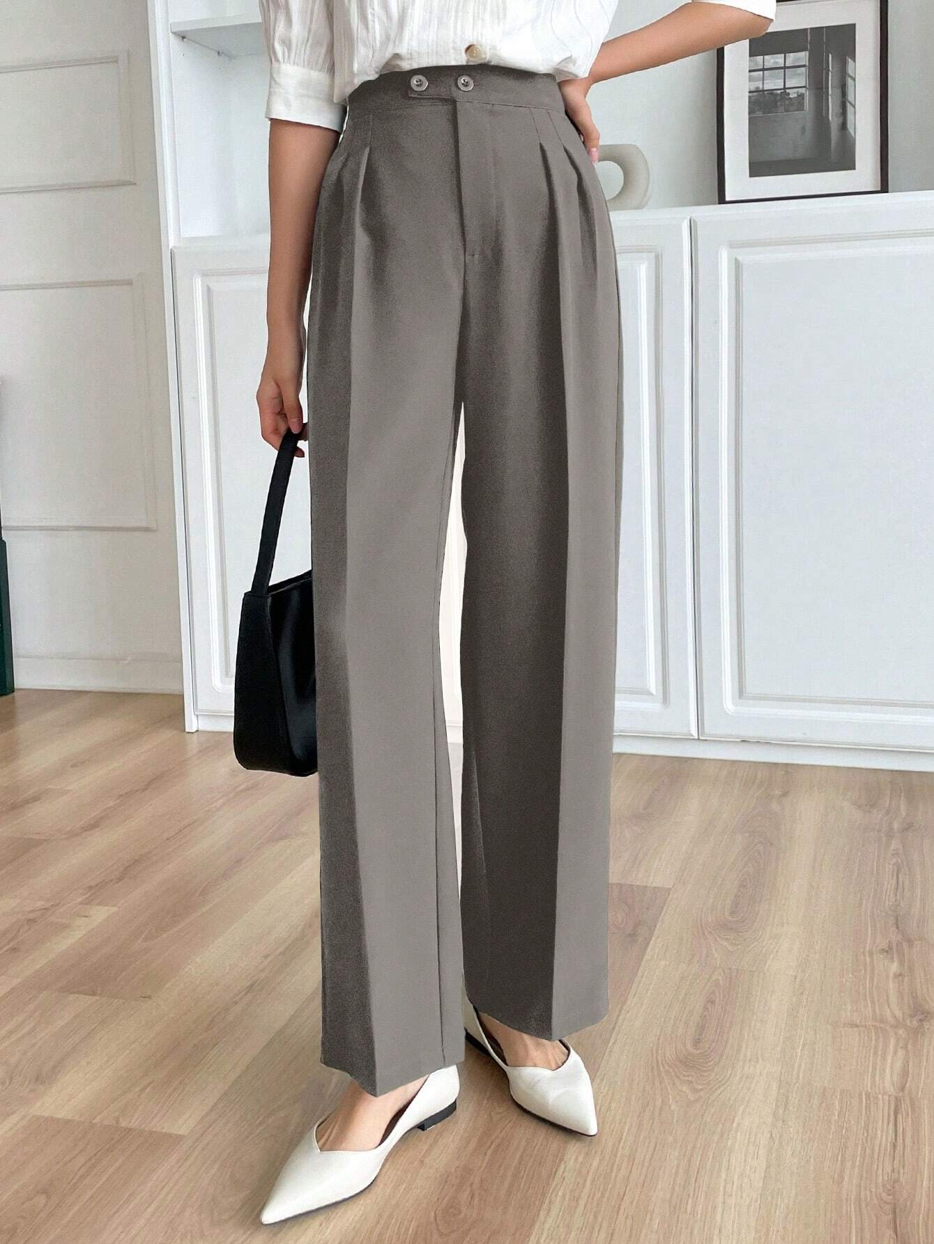 Solid Color Buttoned Straight Leg Regular Fit Casual Pants