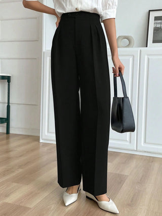 Solid Color Pleated Straight Leg Business Casual Pants