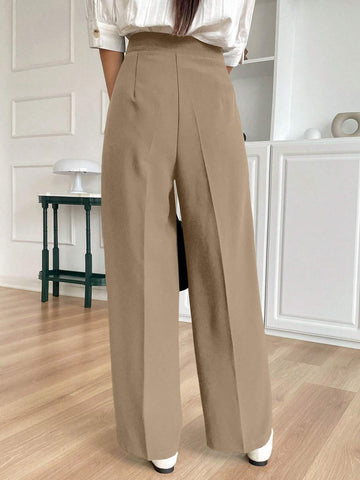 Solid Color Buttoned Straight Leg Regular Fit Casual Pants