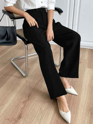 Solid Color Buttoned Straight Leg Regular Fit Casual Pants