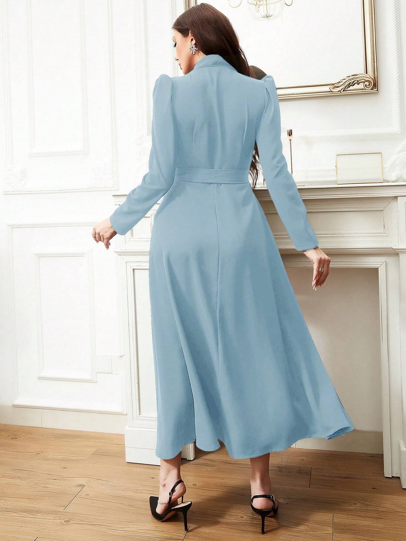 Modely Puff Sleeve Surplice Neck Belted Modest Long Sleeve Dress