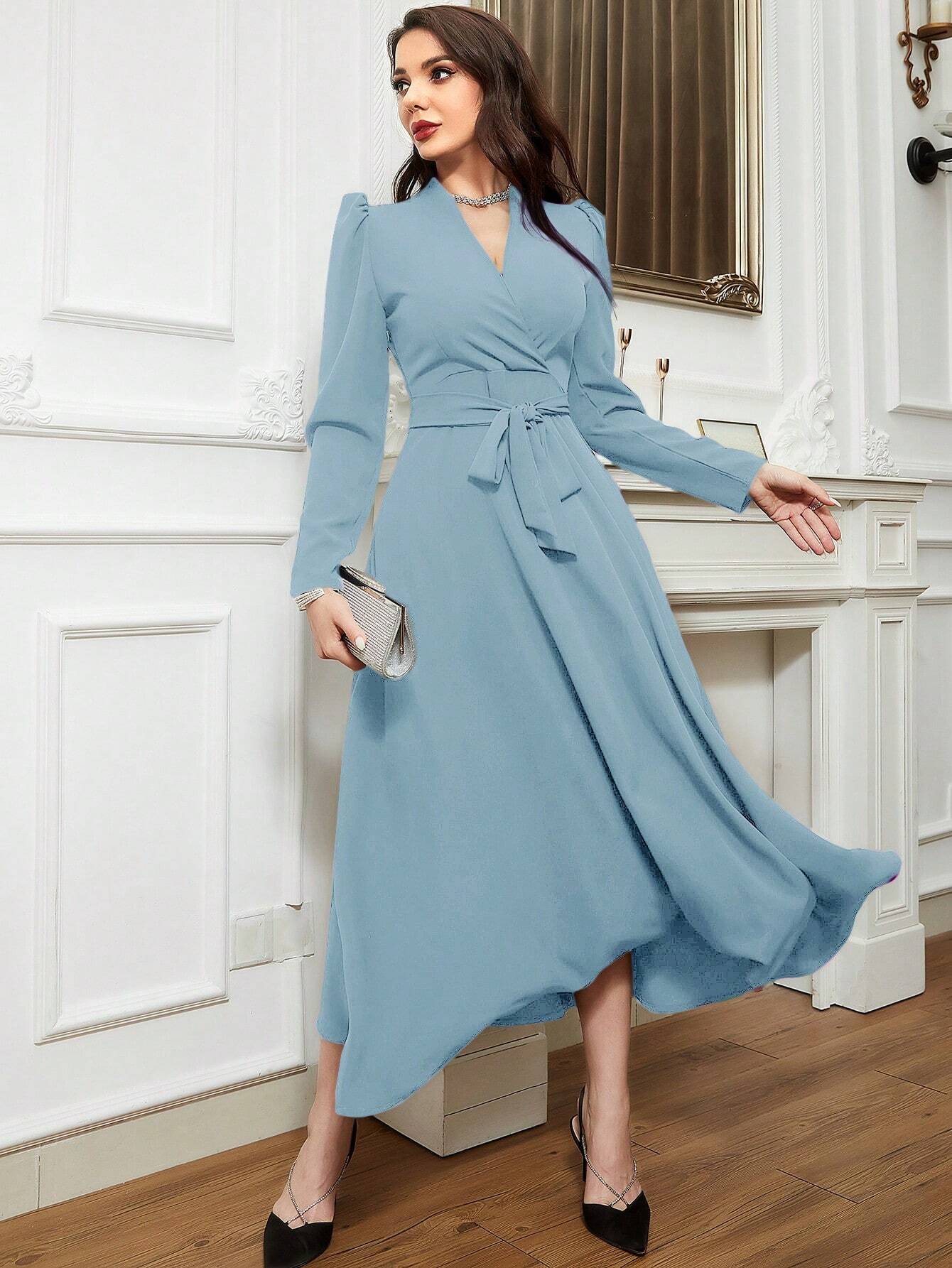 Modely Puff Sleeve Surplice Neck Belted Modest Long Sleeve Dress