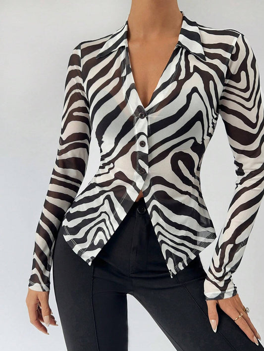 BIZwear Zebra Striped Button Front Mesh Top Without Bra