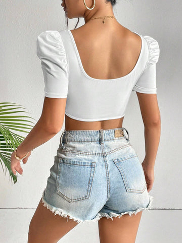 Privé Spring Break Square Neck Puff Sleeve Asymmetrical Hem Crop Tee