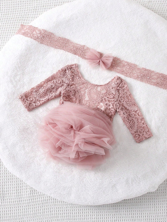 Newborn Baby Girl's Lovely Pink Lace Mesh Elegant Gorgeous Photo Photography Outfit