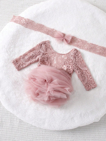 Newborn Baby Girl's Lovely Pink Lace Mesh Elegant Gorgeous Photo Photography Outfit