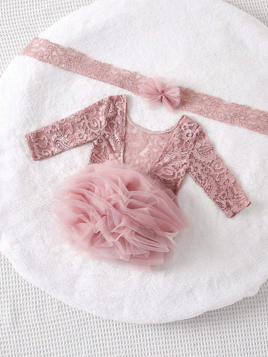 Newborn Baby Girl's Lovely Pink Lace Mesh Elegant Gorgeous Photo Photography Outfit