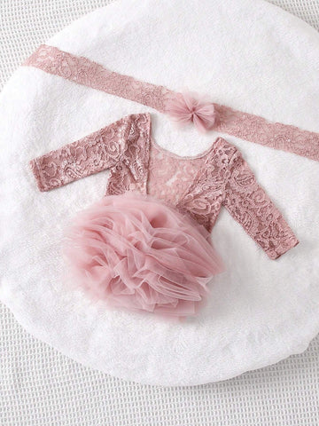 Newborn Baby Girl's Lovely Pink Lace Mesh Elegant Gorgeous Photo Photography Outfit