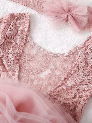 Newborn Baby Girl's Lovely Pink Lace Mesh Elegant Gorgeous Photo Photography Outfit