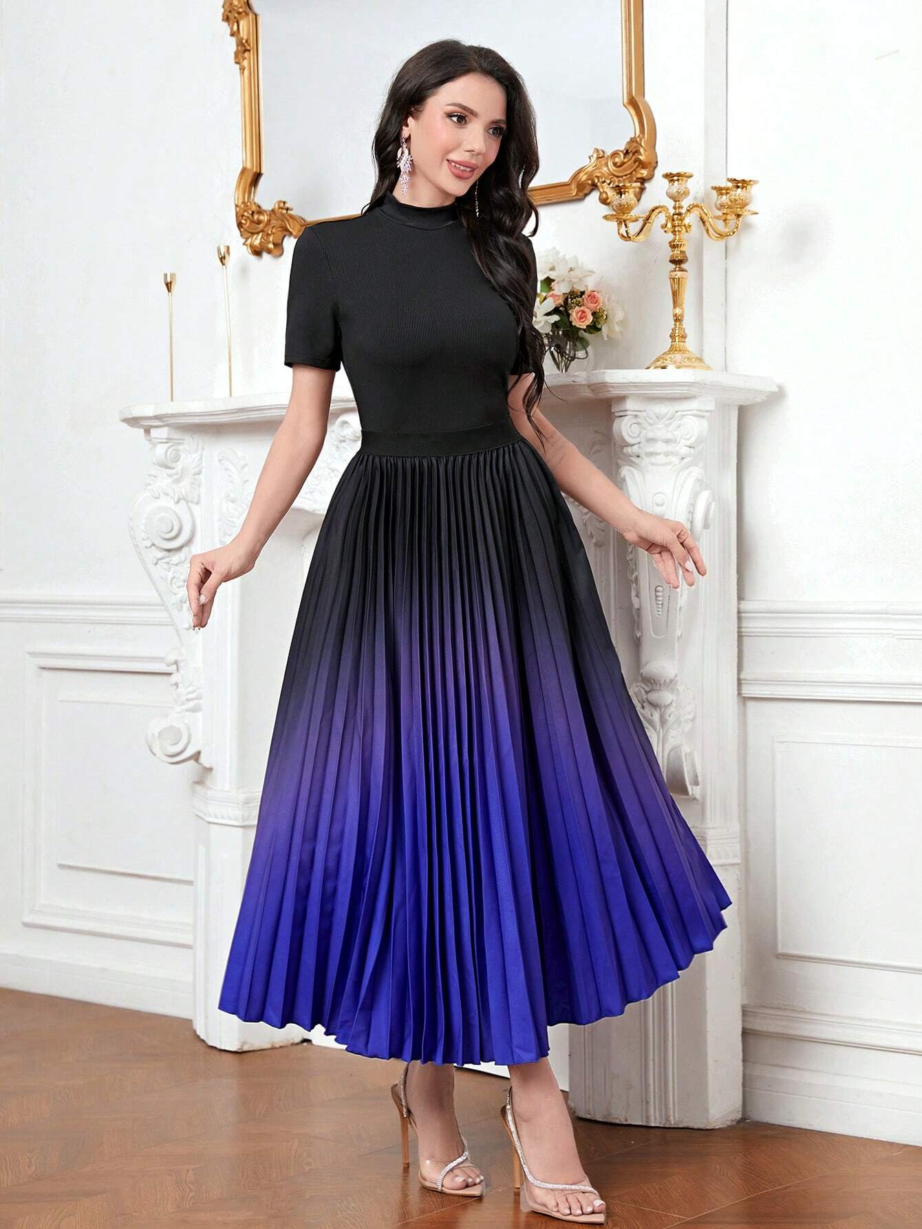 Modely Mock Neck Tee & Ombre Pleated Skirt