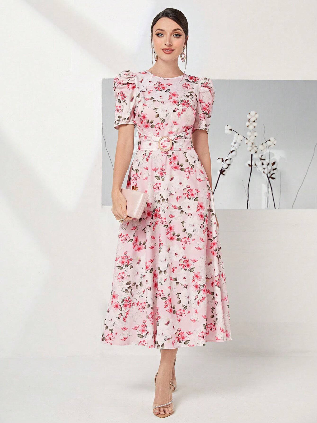 Modely Allover Floral Print Puff Sleeve Belted Dress