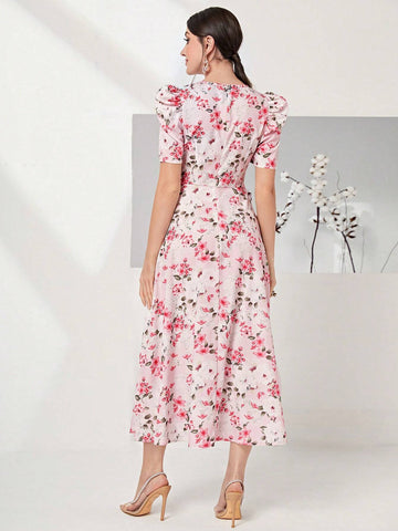 Modely Allover Floral Print Puff Sleeve Belted Dress