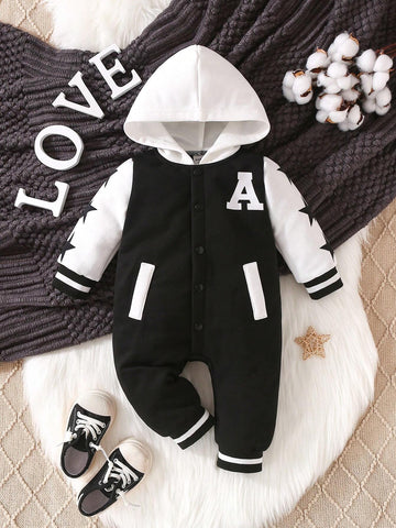 Baby Boy Letter Graphic Colorblock Hooded Jumpsuit