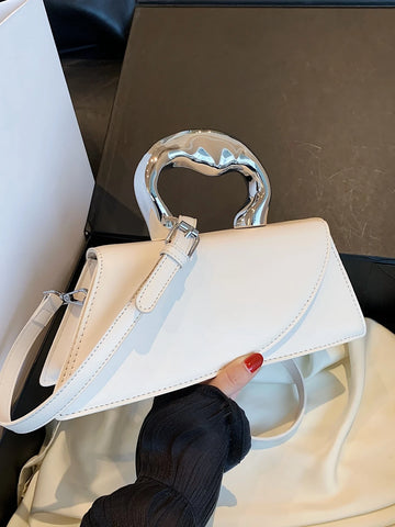 Medium Flap Bag Metal Handle Elegant Niche Design Satchel Bag