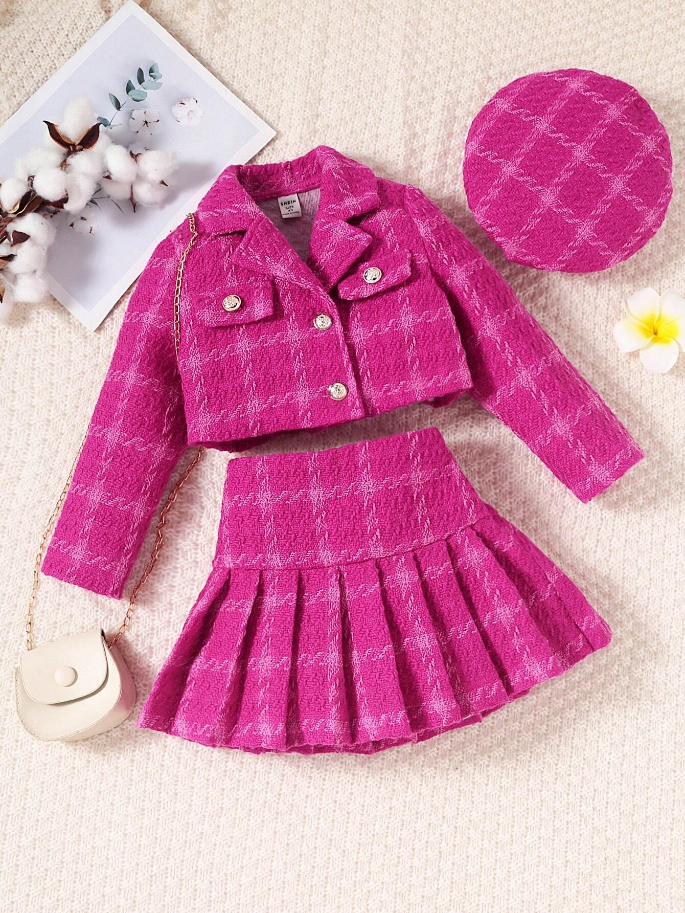 Young Girl Elegant Suit Collar Pocket Plaid Woolen Coat With Button Closure, Pleated Midi Skirt And Hat Set